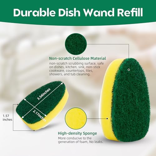 Dishwand Sponge Refills Soap Control Handle, Dish wand Sponges Refill Non Scratch, Sponge Replacement Scrub Brush Heads Set, Dishwashing Dispenser Scrubber Pads for Cleaning Dishes Dishwasher Kitchen