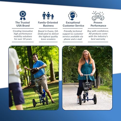 KneeRover Original Steerable All Terrain Knee Scooter – Heavy Duty Foldable Knee Walker & Mobility Aid for Adults with Adjustable Handlebar and Large Wheels (Blue)