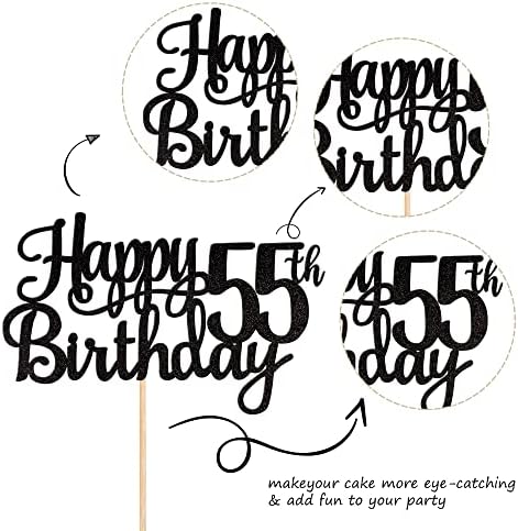 1 PCS Happy 55th Birthday Cake Topper Glitter Cheers to 55 Years Birthday Cake Pick 55 Fabulous Cake Decoration for Happy 55th Birthday Theme Party Decorations Supplies Black
