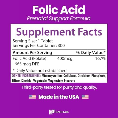 Healthfare Folic Acid 400mcg | 300 Veg Tablets | Folate Vitamin B9 | Gluten-Free | Non-GMO | Made in USA
