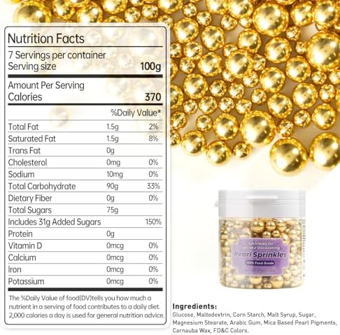 Dazzjoy Gold Pearl Sugar Sprinkles, Edible Candy Sprinkles, Cake Toppers and Cake Decorations, Mix Size, Cookie Decorating, Ice Cream, Easter Wedding Party Holiday Supplies, 130g/4.58oz