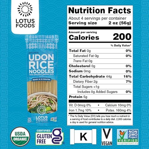 Lotus Foods Organic Brown Udon Rice Noodles - Gluten Free Udon Noodles, Organic Brown Rice Noodles, Vegan Asian Style Noodles, Whole Grain, Non GMO - 8 oz (Pack of 4)