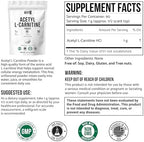 Pure Acetyl L-Carnitine Powder (ALCAR) Unflavored Acetyl-L-Carnitine HCl Supplement Powder with Smooth Texture for Easy Mixing Non-GMO, 3.2 oz (90g)