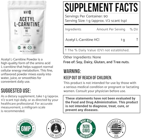 Pure Acetyl L-Carnitine Powder (ALCAR) Unflavored Acetyl-L-Carnitine HCl Supplement Powder with Smooth Texture for Easy Mixing Non-GMO, 3.2 oz (90g)