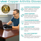 Vive Copper Arthritis Gloves - Full Hand Compression Touchscreen Finger - for Carpal Tunnel, Rheumatoid, Joint Pain, Inflammation - Flexible Wrist and Thumb Pressure Relief for Typing - for Men, Women