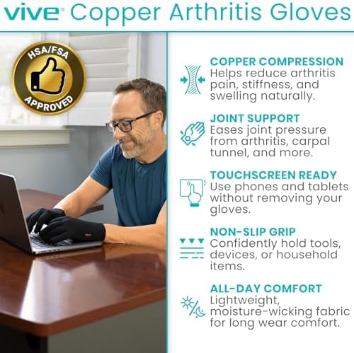 Vive Copper Arthritis Gloves - Full Hand Compression Touchscreen Finger - for Carpal Tunnel, Rheumatoid, Joint Pain, Inflammation - Flexible Wrist and Thumb Pressure Relief for Typing - for Men, Women