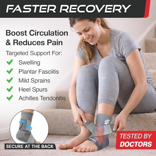 Sleeve Stars Ankle Brace for Women & Men, Ankle Wrap for Sprain, Compression Sleeve for Plantar Fasciitis Relief, Easy Customizable Support: w/ Removable Strap (Single/M:10"-12"/Grey)