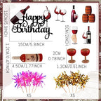 Red Wine Happy Birthday Cake Topper,Wine Glass Cake Decorations Red Wine Party Decorations for 40th 50th 60th Happy Birthday Party Supplies Set for Men Women