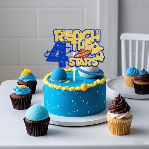 Reach 4 the Stars Cake Topper,Outer Space Four Years Birthday Party Cake Picks,Kids 4th Birthday,Rocket Space Theme 4th Birthday Party Decorations Blue Gold Red