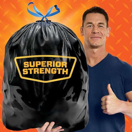 Hefty Strong 30 Gallon Trash Bags, Large Trash Bags 30 Gallon Size, Durable Drawstring Enclosure, Resists Punctures, Leaks, and Tears, Black, Unscented, 56 Bags
