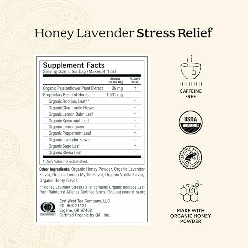 Yogi Tea Honey Lavender Stress Relief - 16 Bags per Pack (4 Packs) - Organic Chamomile Lavender Tea - Includes Lemon Balm, Lemongrass, Spearmint Leaf, Peppermint Leaf, Honey Flavor & More
