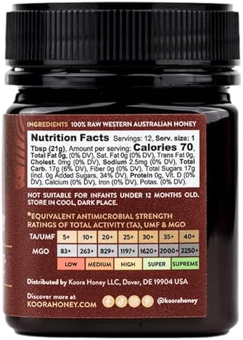KOORA Marri Honey TA 25+ (MGO 1197+ Manuka Honey Rating Equiv.) Low GI, Raw Medicinal Honey for Daily Health & Immune Support, from the Ancient Wild Forests of Western Australia, 8.8 oz