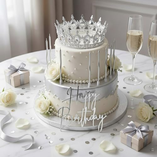 Highergo 8 Pcs Queen Crown Cake Topper Silver Rhinestone Crystal Tiara Birthday Cake Decoration for Women Princess Queen Wedding Party Photo Props