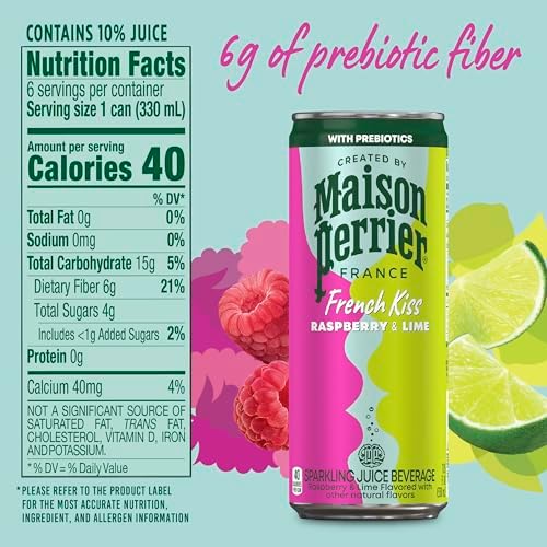Maison Perrier French Kiss Sweetened Sparkling Juice Beverage, Raspberry & Lime Flavors With Real Fruit Juices, 24Pk