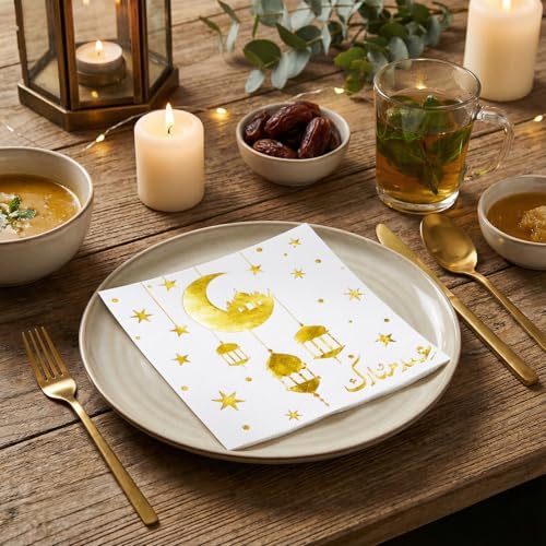 RUSPEPA 50 Pcs Eid Mubarak Paper Napkins, White Gold Crescent Moon, Lantern and Star Design, Islamic Ramadan Disposable Cocktail Napkins for Eid, Ramadan, Muslim Celebration Table Decor, 5 x 5 Inch