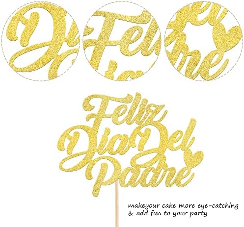 1 Pack Feliz Día Del Padre Cake Topper Glitter Happy Father's Day Cake Picks Spanish Feliz Cumpleaños Papa Cake Decoration for Happy Father's Day Party Supplies Gold