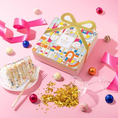 Birthday Chocolate Gift Basket, Candy Food Gifts Arrangement Platter, Gourmet Snack Gift Bow Tin Box, Bday Present Idea, Him & Her, Men Women Family Parties- 12 Gourmet Truffles- Bonnie & Pop