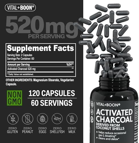 Vital+Boon Activated Charcoal Pills – Derived from Coconut Shells – Black Charcoal Binder for Stomach, Gas & Bloating Relief – Gluten Free Vegetarian Active Carbon to Support Detox (120 Capsules)