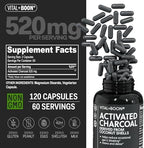 Vital+Boon Activated Charcoal Pills – Derived from Coconut Shells – Black Charcoal Binder for Stomach, Gas & Bloating Relief – Gluten Free Vegetarian Active Carbon to Support Detox (120 Capsules)