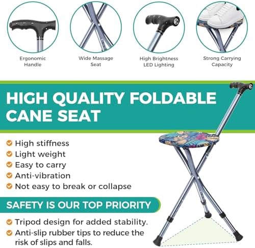 Folding Cane with Seat,Adjustable Walking Stick for Seniors,Lightweight Walking Cane with LED Light,Height Adjustment Cane Seat,Portable Cane Chair,Sturdy Crutches Stool,Supports up to 250 lbs