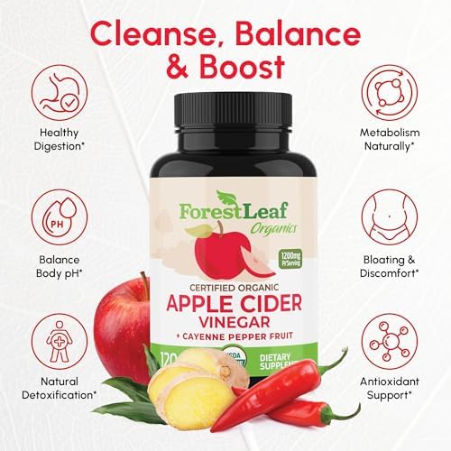 USDA Organic Apple Cider Vinegar Capsules with Mother, 1200 mg | Vegan & Non-GMO | Apple Cider Vinegar Pills with Cayenne Pepper & Ginger Root | 120 Caps