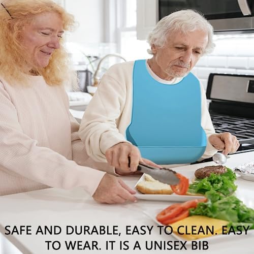 2 pieces adult bib Large silicone adult bibs with crumb catcher, adjustable waterproof clothes protector, Bibs for Elderly Women and Men, Senior Citizen Feeding Bibs - Unisex(blue, purple)
