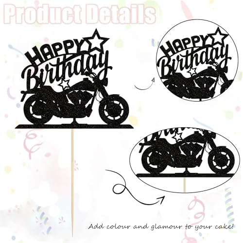 Motorbike Happy Birthday Cake Topper - Black Glitter Motorbike Cake Decoration for Motorcycle Rider Racing Theme Party, Birthday Party Cake Decor Supplies