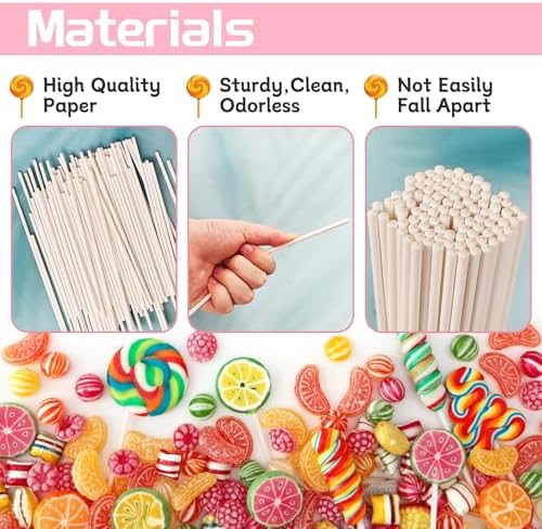 100 Pack 8 Inch White Lollipop Sticks,Long Paper Treat Sticks,White Paper Cake Pop Stick for Homemade Candy,Cupcake Toppers,Chocolate,Dessert (Dia 4mm)