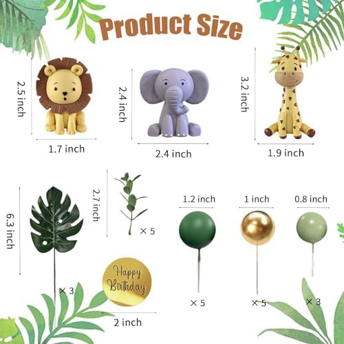 25 PCS Safari Animal Cake Toppers Jungle Wild Cake Decorations with Green Balls Plam Leaves for Wild Animals Themed Birthday Baby Shower Party Supplies