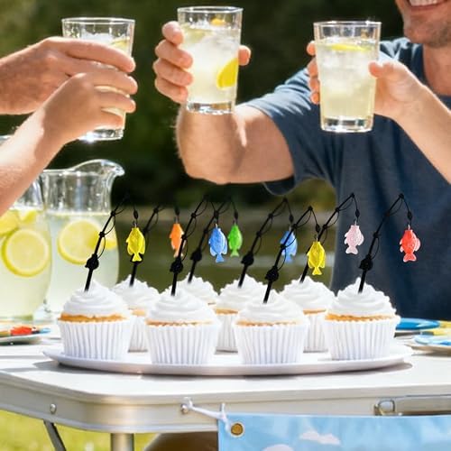 30 Pcs Mini Fishing Rod Cupcake Decorations, Suitable for Cupcake Decoration at Fishing Parties