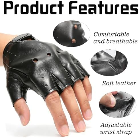 Classic Black Fingerless Motorcycle Gloves - PU Leather Minimalist Biker Gloves for Men & Women, Non-Slip Palm, Comfort Fit for City Commute & Daily Riding (Fits Palm Width Up to 3.2”)