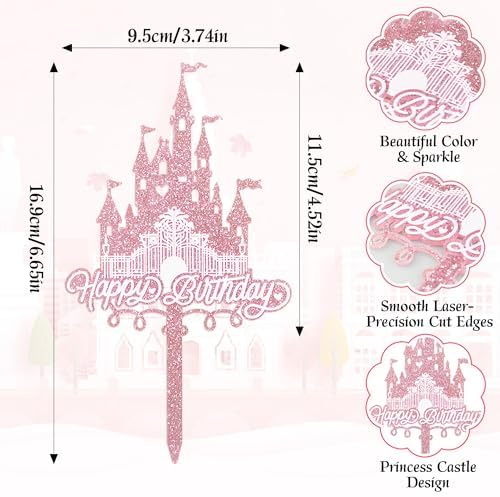 1 Pack Acrylic Glitter Princess Castle Cake Topper Pink Happy Birthday Cake Decoration for Girls' Princess Birthday Parties & Baby Showers