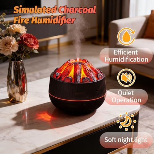 ‌Upgraded Flame Effect Humidifier - 7 Colors Essential Oil Humidifier, Noiseless for Yoga & Bedroom, 300mL Capacity - Brown