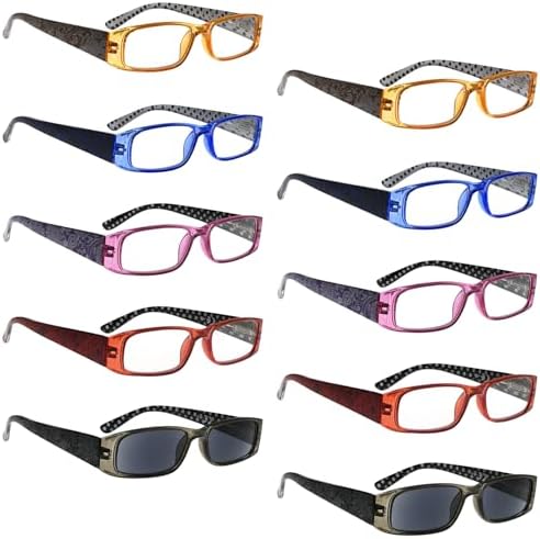 10 Pack Stylish Rectangular Reading Glasses Rhinestone Spring Hinges Readers With Pattern Design for Women Mix Color
