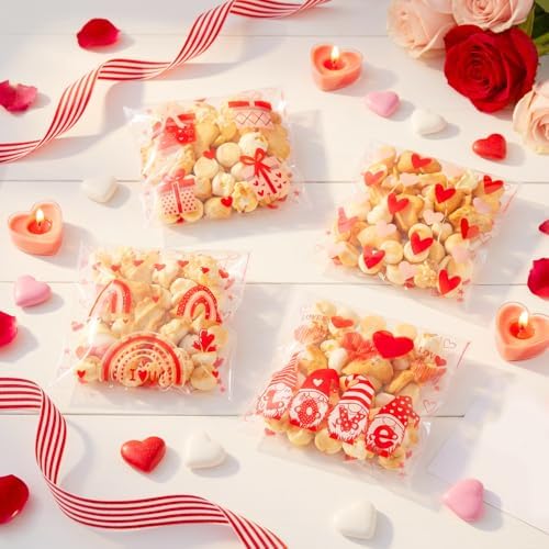 200Pcs Valentines Cellophane Treat bags, Valentine Day Goodie Cookie Candy Plastic Gift Bags with Seal, Self Adhesive Small Clear Snack Goody Bag for Valentine's Day Party Favors Supplies 4 x 5 Inches