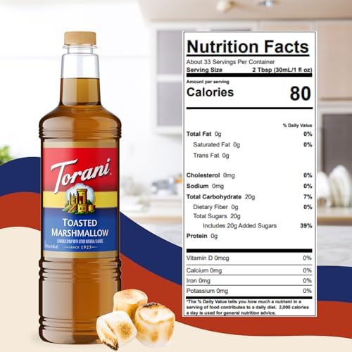 Torani Toasted Marshmallow Syrup 1 Liter Bottle with Pump Dispenser – Rich Coffee Flavoring Made with Pure Cane Sugar & Natural Flavors – Perfect for Lattes, Desserts & Beverages