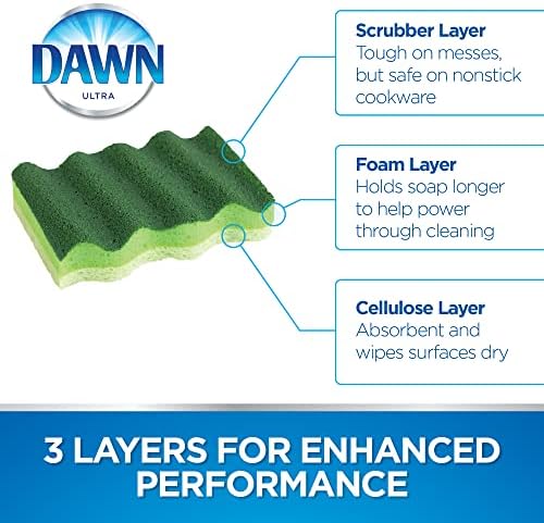Dawn Power Clean Dual-Sided Scrubber Sponges for Dishwashing, Wave-Shaped Kitchen Sponges for Dish Cleaning, Pack of 12, Green