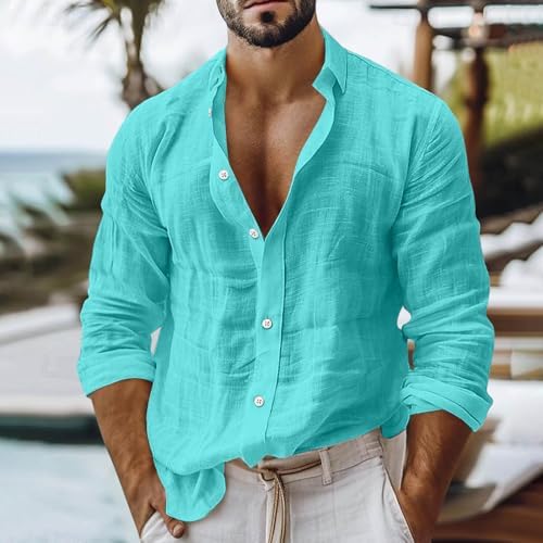 Men's Casual Tops Long Sleeve Cotton Gauze Shirts Buttons Down Solid Plain Band Collar Summer Beach Hippie Shirt