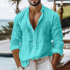 Men's Casual Tops Long Sleeve Cotton Gauze Shirts Buttons Down Solid Plain Band Collar Summer Beach Hippie Shirt