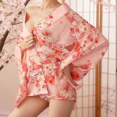 Women'S Sexy Kimono Roleplay Costume, Japanese Style Youthful Cherry Blossom Yukata Bathrobe Pajamas Loungewear Nightgown Sexy Underwear