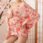 Women'S Sexy Kimono Roleplay Costume, Japanese Style Youthful Cherry Blossom Yukata Bathrobe Pajamas Loungewear Nightgown Sexy Underwear