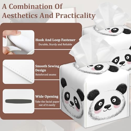 Cute Panda Square Tissue Box Holder Waterproof Leather Facial Paper Organizer Dispenser for Bathroom Home Kitchen Car Nightstand Vanity Desk，2Pack