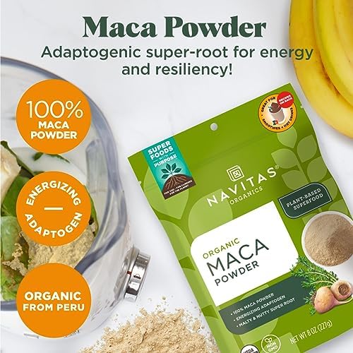 Navitas Organics Maca Powder – 100% Gelatinized Peruvian Maca for Adaptogen Smoothies, Lattes, Baking & More – Energize & Balance - USDA Organic, Non GMO, Vegan, Gluten Free (8oz. Bag, 45 Servings)