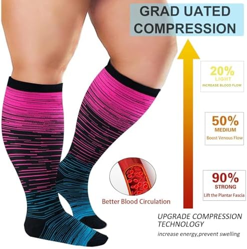 4 Pairs Plus Size Compression Socks for Women and Men 20-30 mmHg, Wide Calf Stockings Best Support for Circulation, Running