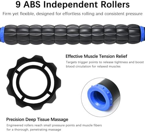 Muscle Roller Massage Roller Stick- Deep Tissue Fascia Blaster for Myofascial Pain Relief, Lymphatic Drainage & Body Sculpting, Handheld Physical Therapy & Recovery Tool (Blue black-18 inch)