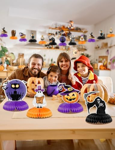 Halloween Table Decorations - 9Pcs Halloween Centerpieces for Tables Black Orange Honeycomb Centerpieces Pumpkin Ghost Witch Cat Table Topper for Spooky Birthday Party Supplies