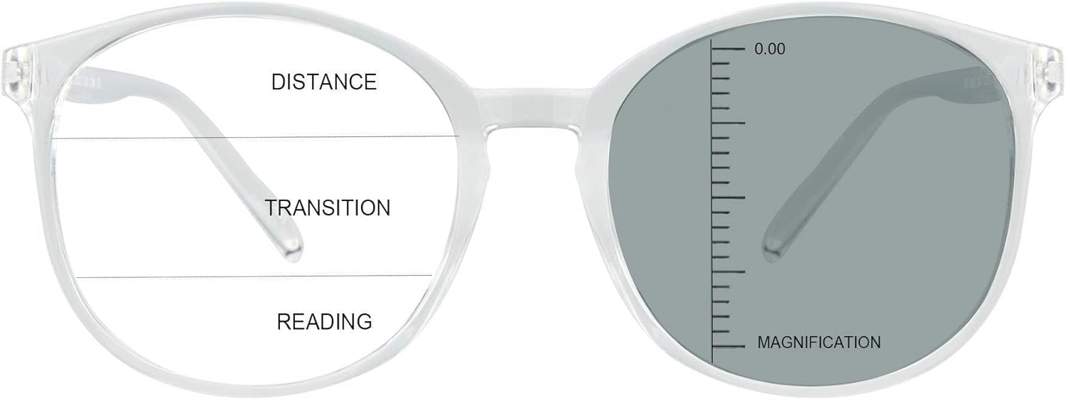 Vintage Round Progressive Multifocal Presbyopic Glasses, Photochromic Gray Sunglasses for Men Women Readers (Clear,+0.00/+2.00 Magnification)