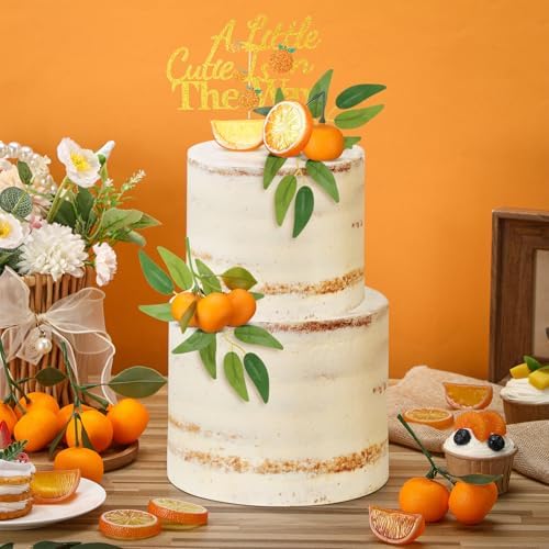 Soulchen 15 Pcs Little Cutie Is on the Way Cake Topper Set Glitter Orange Cake Topper and Simulation Citrus Decorations for Citrus Birthday Party Gender Reveal Fruit Party Supplies