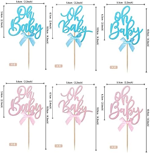Rsstarxi 24 Pack Oh Baby Cupcake Toppers Pink Blue Bow Glitter Baby Shower Cupcake Picks Gender Reveal Cupcake Topper Decoration for Baby Shower Kids Birthday Party Supplies