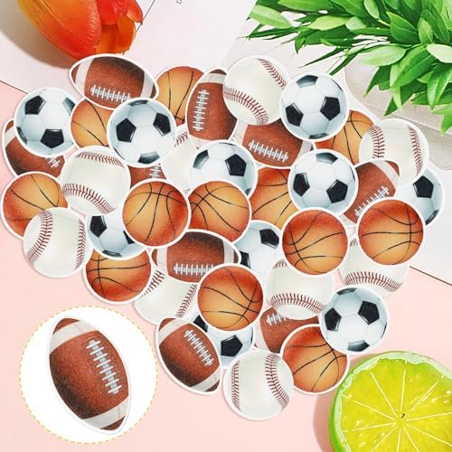 48 PCS Edible Sports Cupcake Toppers Wafer Paper Baseball Rugby Cupcake Picks Edible Basketball Soccer Football for Cake Decorating Sports Ball Game Theme Kids Birthday Party Cake Decorations Supplies